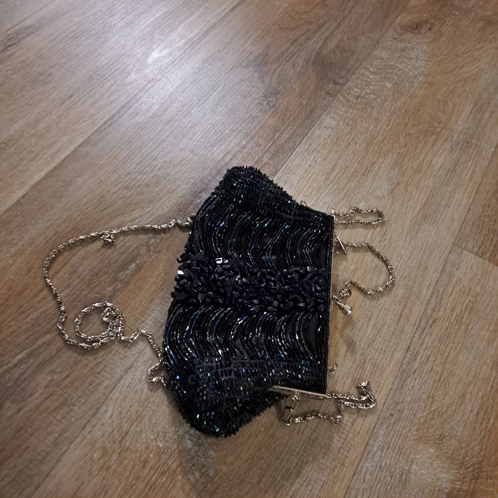Vintage Black Purple Beaded Evening Hand Bag Clutch Purse Kiss Lock NWOT